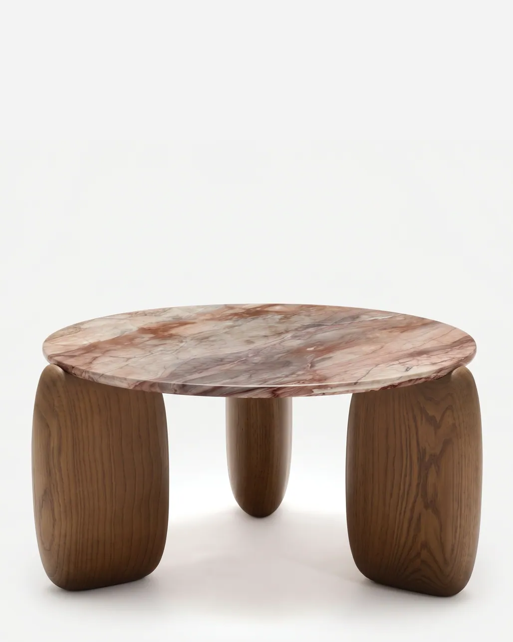 Neris Coffee Table coffee table — ash wood in a walnut stain forms three oversized, rounded legs with a visible flowing grain, beneath a round marble t…