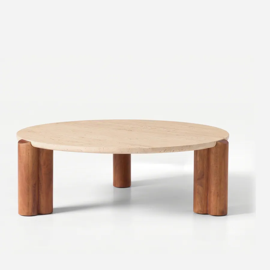 Nolan Coffee Table coffee table — round coffee table with a beige travertine top resting on three sculpted iroko wood legs in a walnut stain, each form…