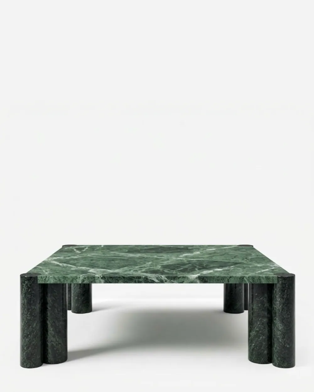 Ruelle Coffee Table coffee table — verde Alpi marble throughout, with a square top and crisp straight edges, supported at each corner by a cluster of th…