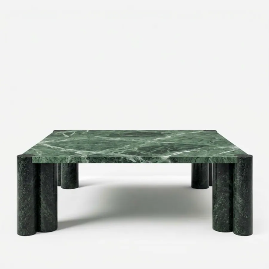 Ruelle Coffee Table coffee table — verde Alpi marble throughout, with a square top and crisp straight edges, supported at each corner by a cluster of th…