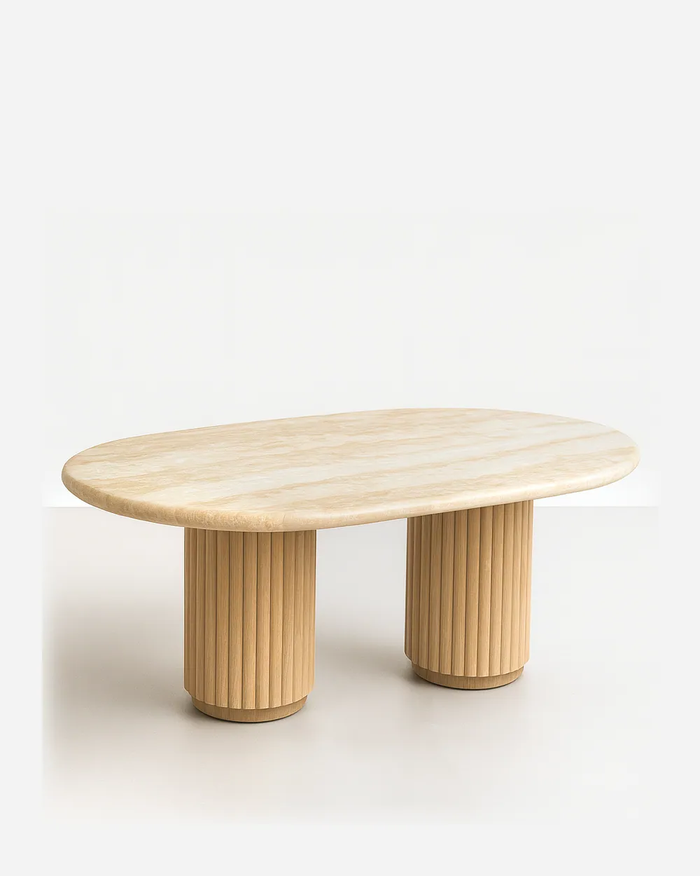 Sivas coffee table — irregular-shaped coffee table crafted entirely in 20 mm thick travertine, with a solid stone top