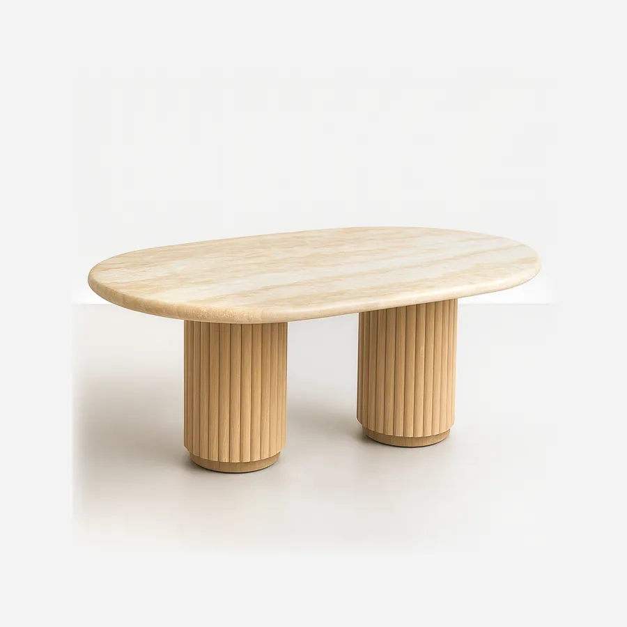 Sivas coffee table — irregular-shaped coffee table crafted entirely in 20 mm thick travertine, with a solid stone top