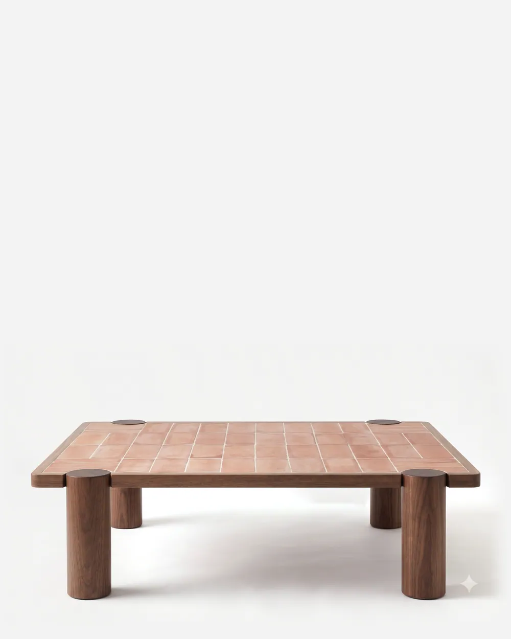 Uriel Coffee Table coffee table — iroko wood frame in a walnut stain, framing a top of laid terracotta tiles, on four cylindrical legs that rise throug…