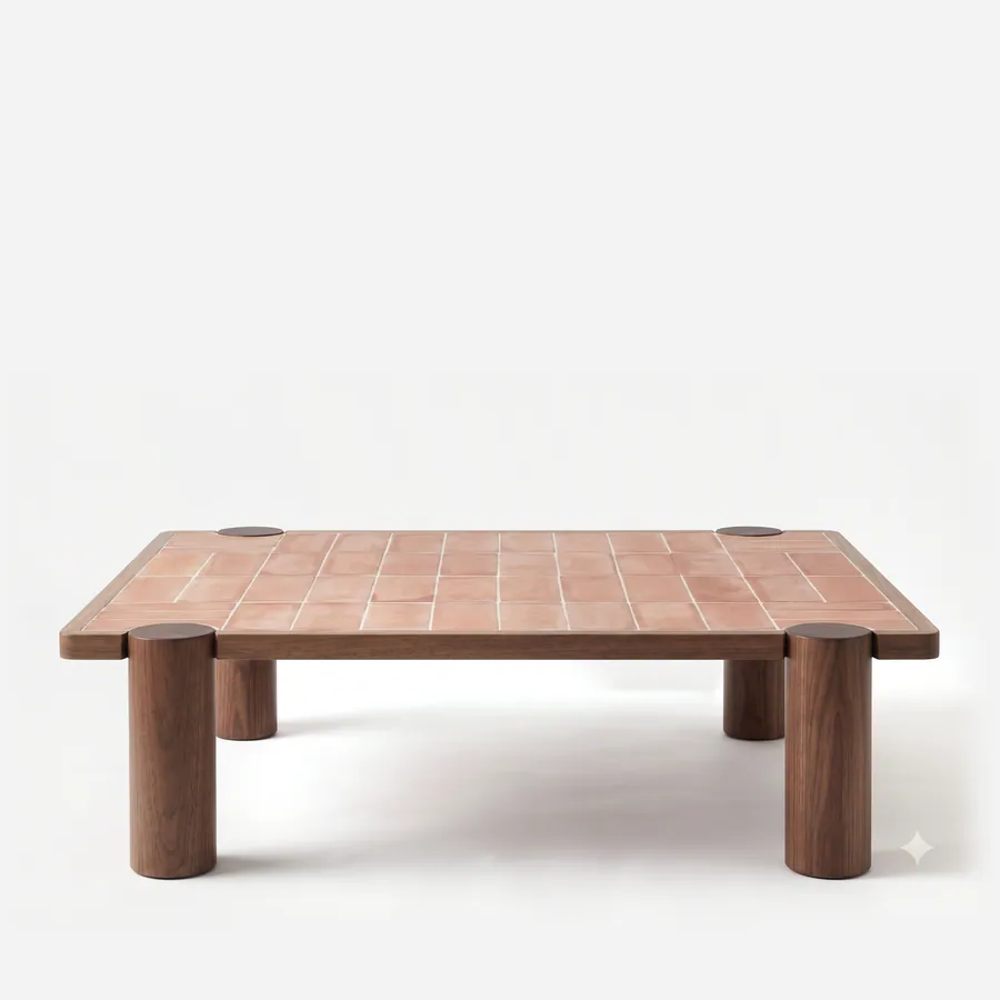 Uriel Coffee Table coffee table — iroko wood frame in a walnut stain, framing a top of laid terracotta tiles, on four cylindrical legs that rise throug…