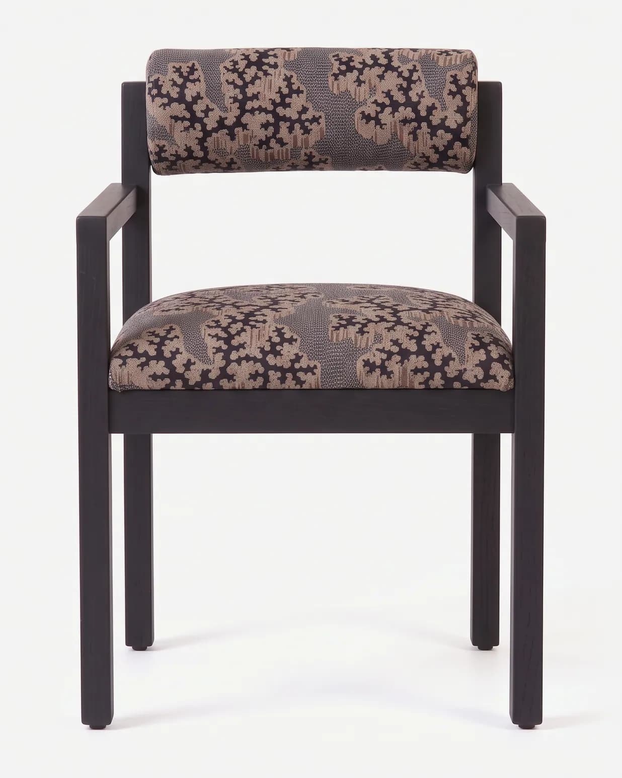 Arbor Dining Chair dining chair — red oak open grain frame in a charcoal stain, upholstered in pattern fabric, with square-section legs, flat open arms…
