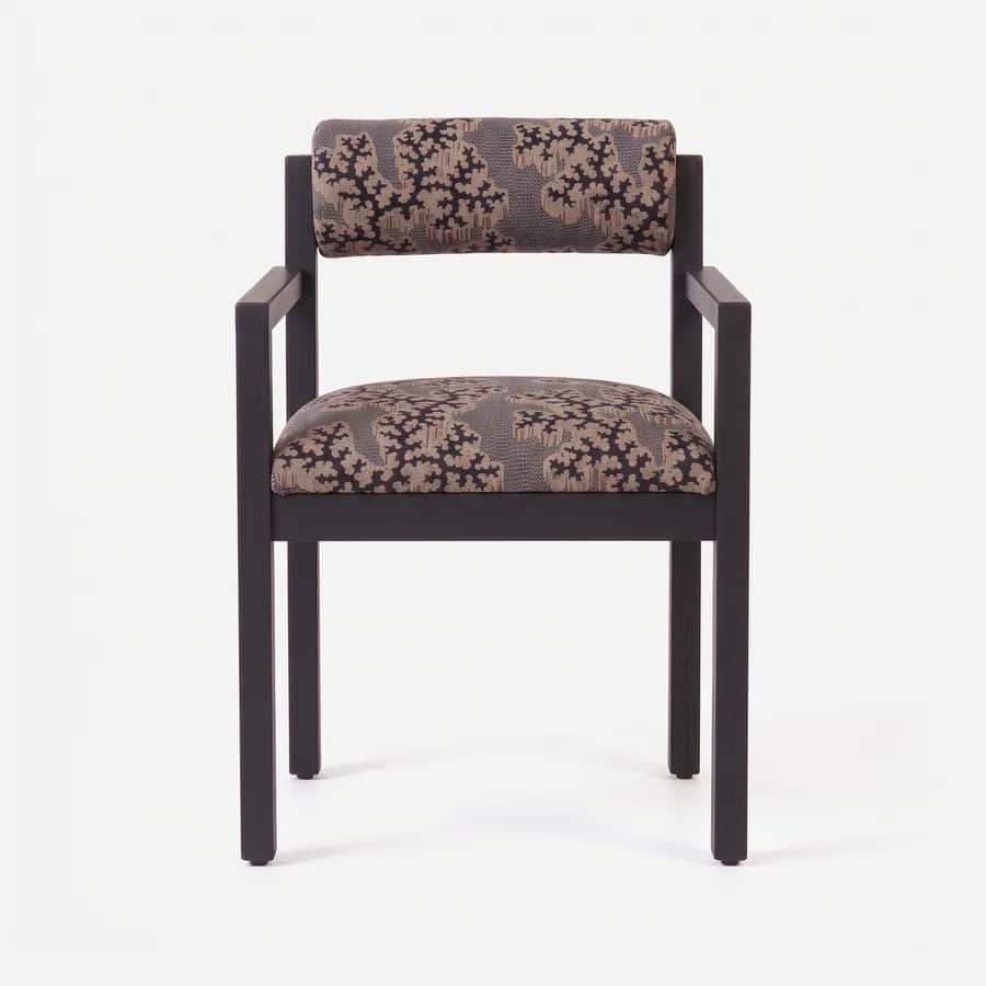 Arbor Dining Chair dining chair — red oak open grain frame in a charcoal stain, upholstered in pattern fabric, with square-section legs, flat open arms…