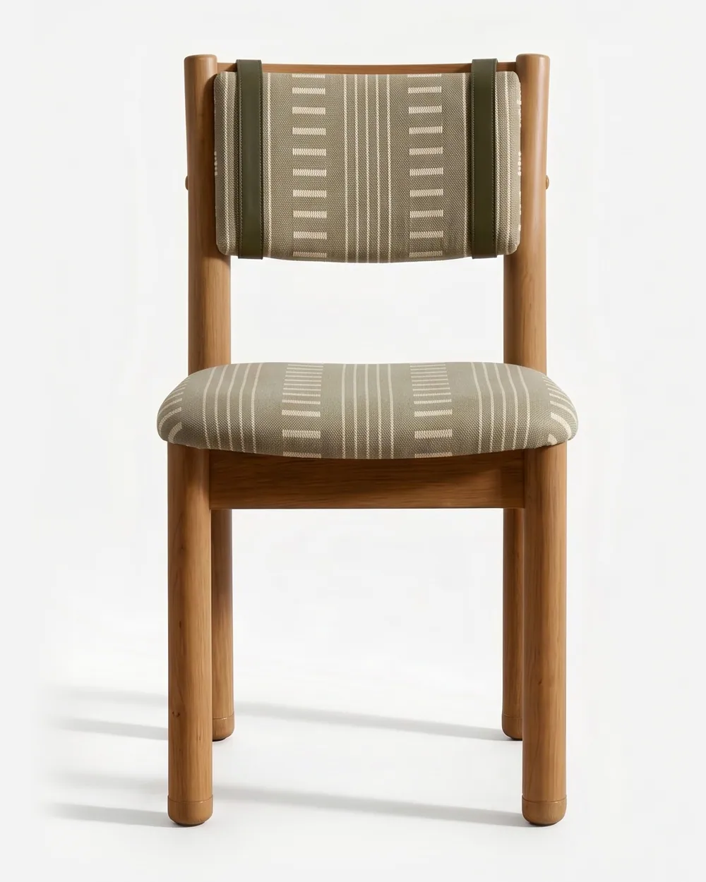 Aria Dining Chair dining chair — iroko wood frame with rounded legs and side rails, upholstered in striped pattern fabric, with a padded back panel he…