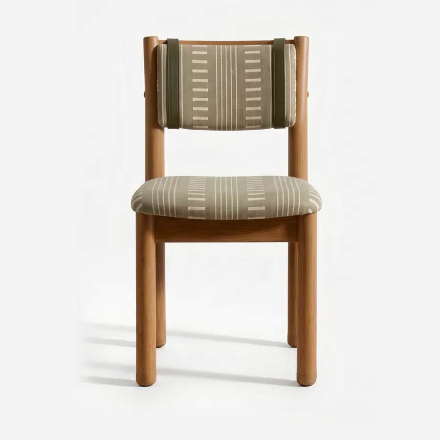 Aria Dining Chair dining chair — iroko wood frame with rounded legs and side rails, upholstered in striped pattern fabric, with a padded back panel he…