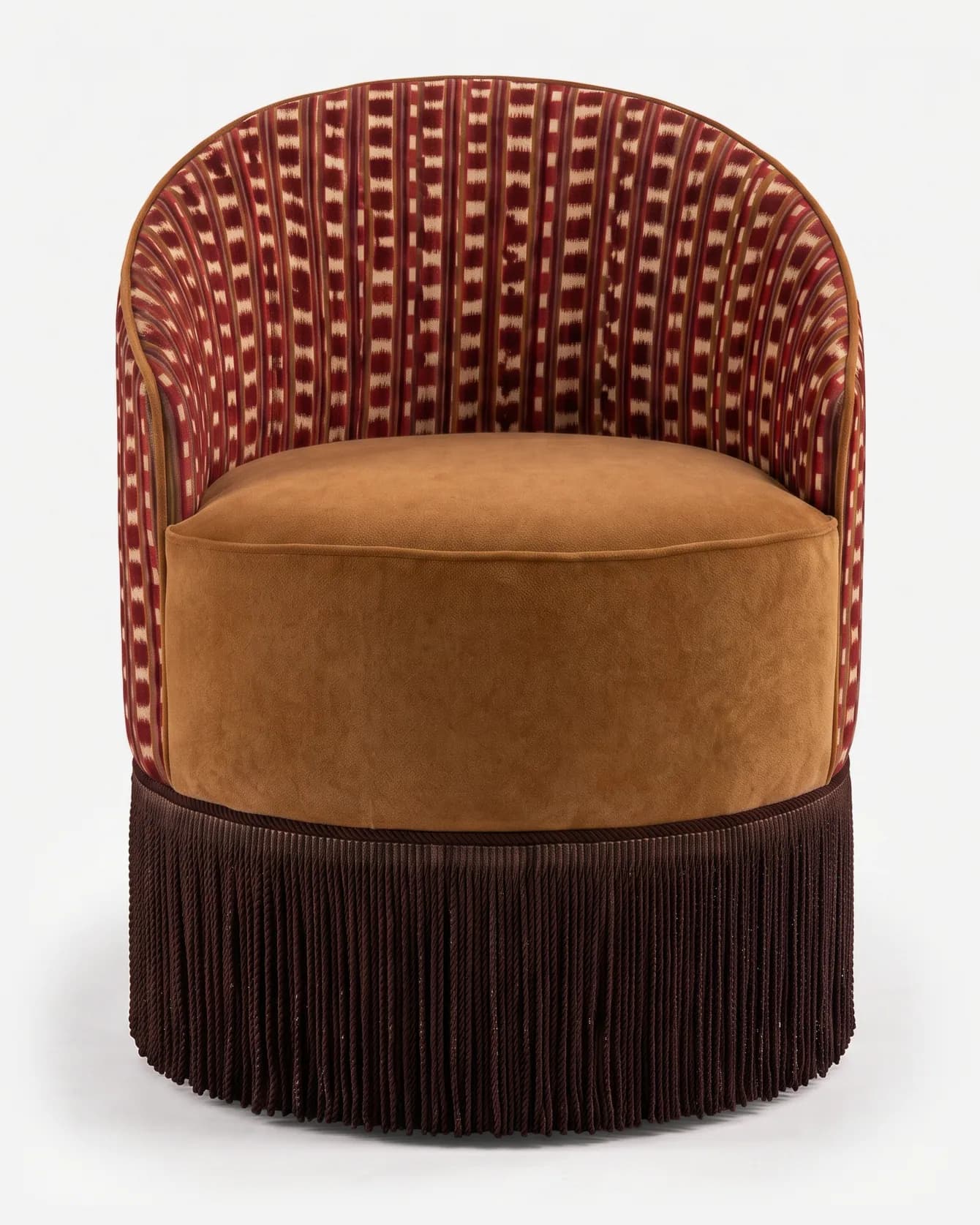 Aurelia Dining Chair dining chair — fully upholstered tub form with a back in pattern velvet and a seat in velvet, finished with contrast piping along th…