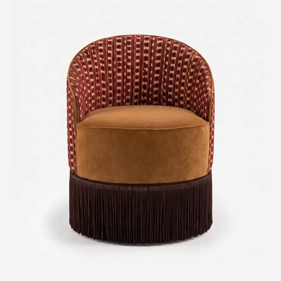 Aurelia Dining Chair dining chair — fully upholstered tub form with a back in pattern velvet and a seat in velvet, finished with contrast piping along th…
