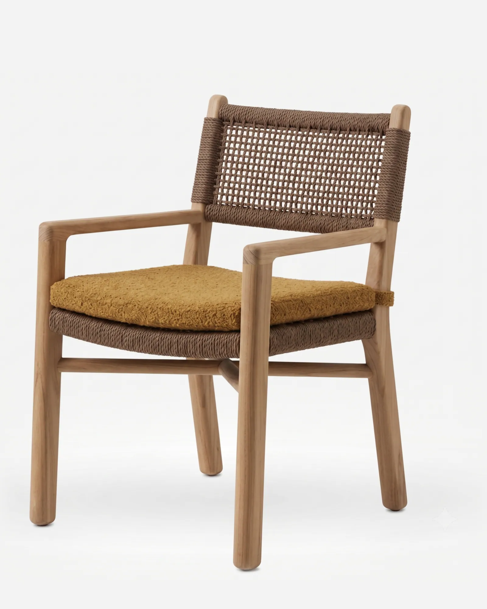 Bodhi Dining Chair dining chair — teak wood frame with open arms and crossed stretchers, a woven rope back and seat, and a tied-on seat cushion in a te…