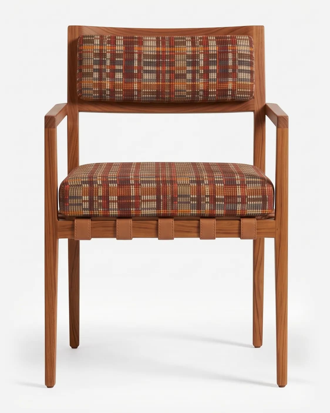 Brix Dining Chair dining chair — iroko wood frame with slim open arms, upholstered in a checked pattern fabric, with the seat cushion resting on woven…