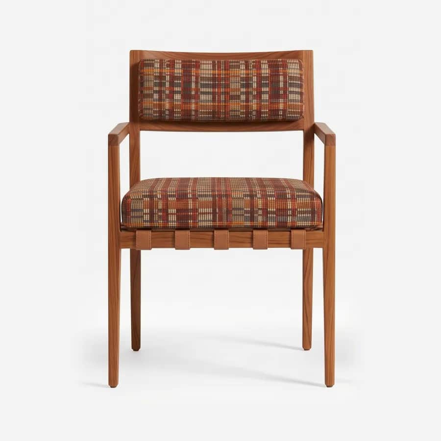 Brix Dining Chair dining chair — iroko wood frame with slim open arms, upholstered in a checked pattern fabric, with the seat cushion resting on woven…