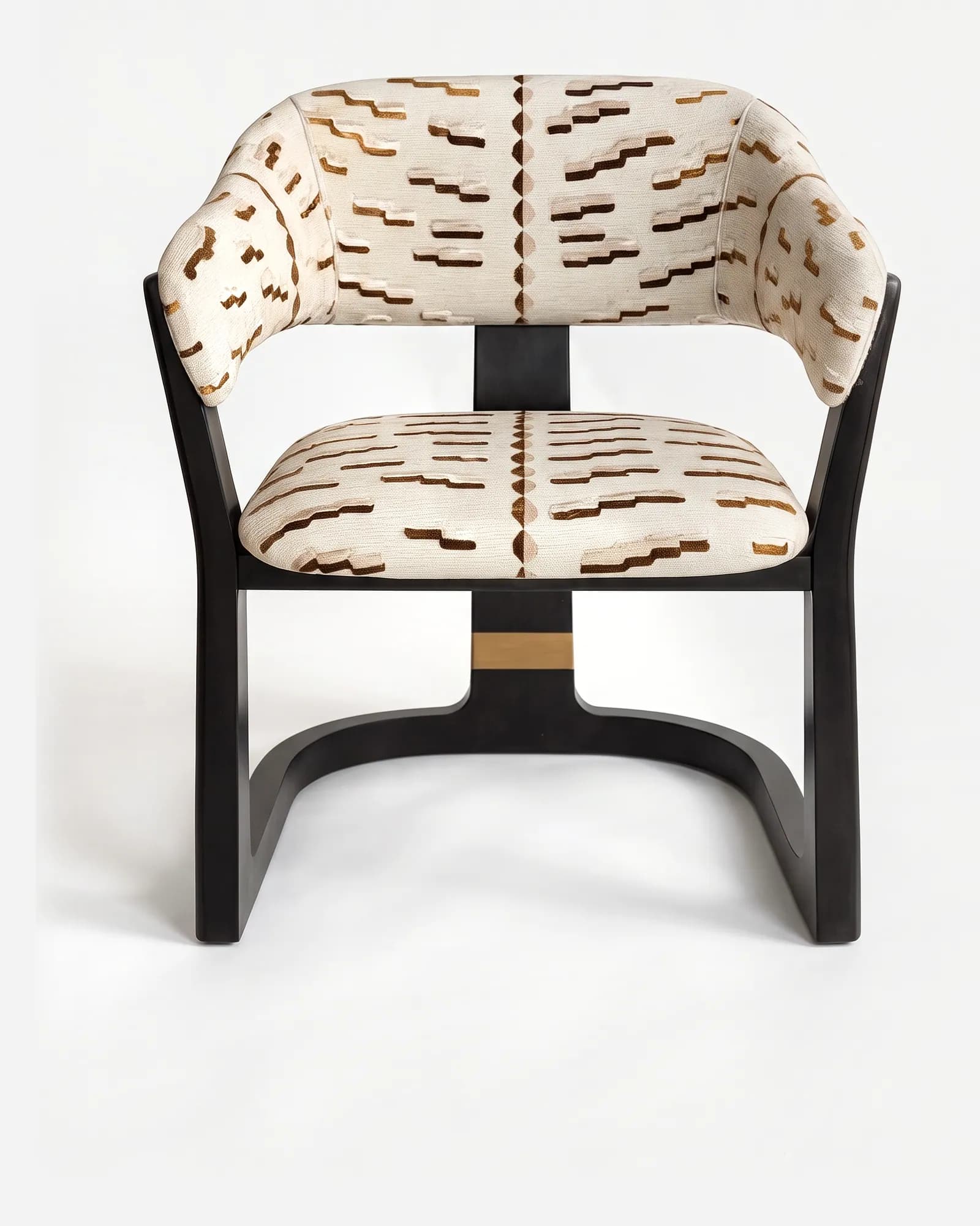 Helsinki Dining Chair dining chair — dark-stained solid wood frame with a patterned fabric upholstered seat and curved backrest, finished with a metal acc…