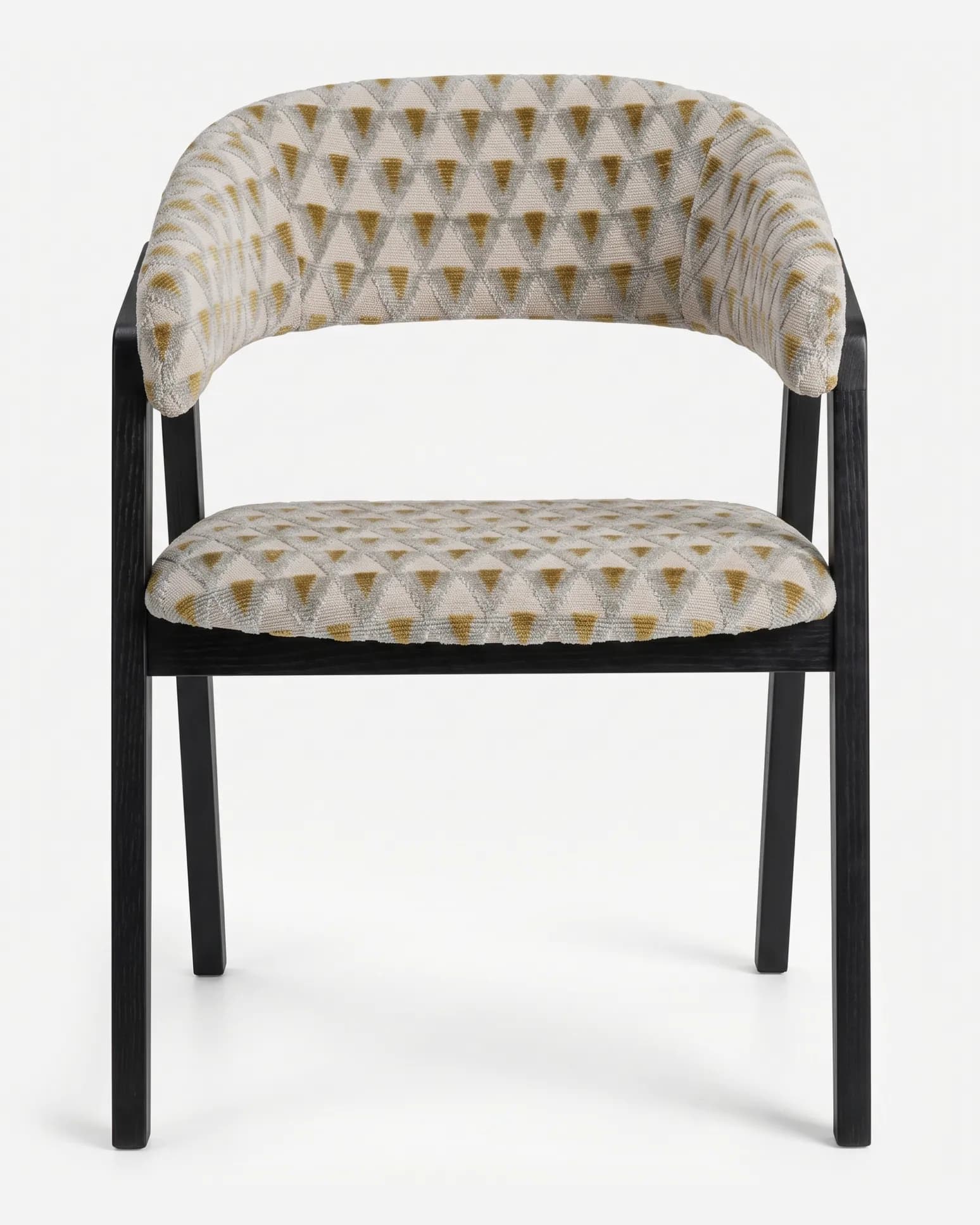 Horia Dining Chair dining chair — red oak open grain frame in a charcoal stain, upholstered in pattern velvet, with splayed legs and angled side suppor…