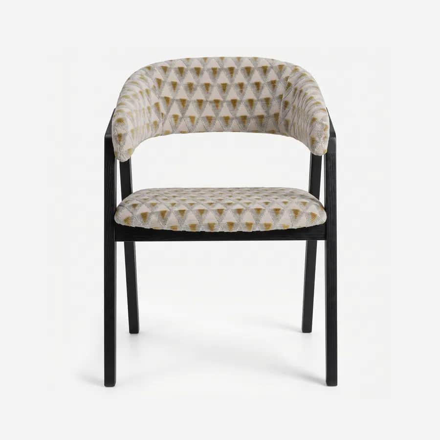 Horia Dining Chair dining chair — red oak open grain frame in a charcoal stain, upholstered in pattern velvet, with splayed legs and angled side suppor…