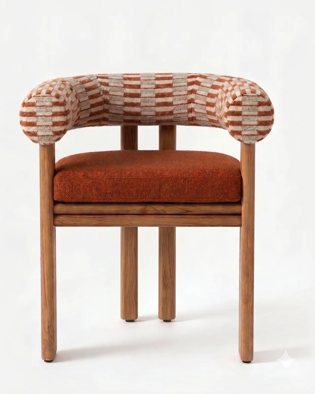 Kaelo Dining Chair dining chair — iroko wood frame on rounded legs with a ringed seat rail, a curved back wrapping into low sides in pattern fabric and…