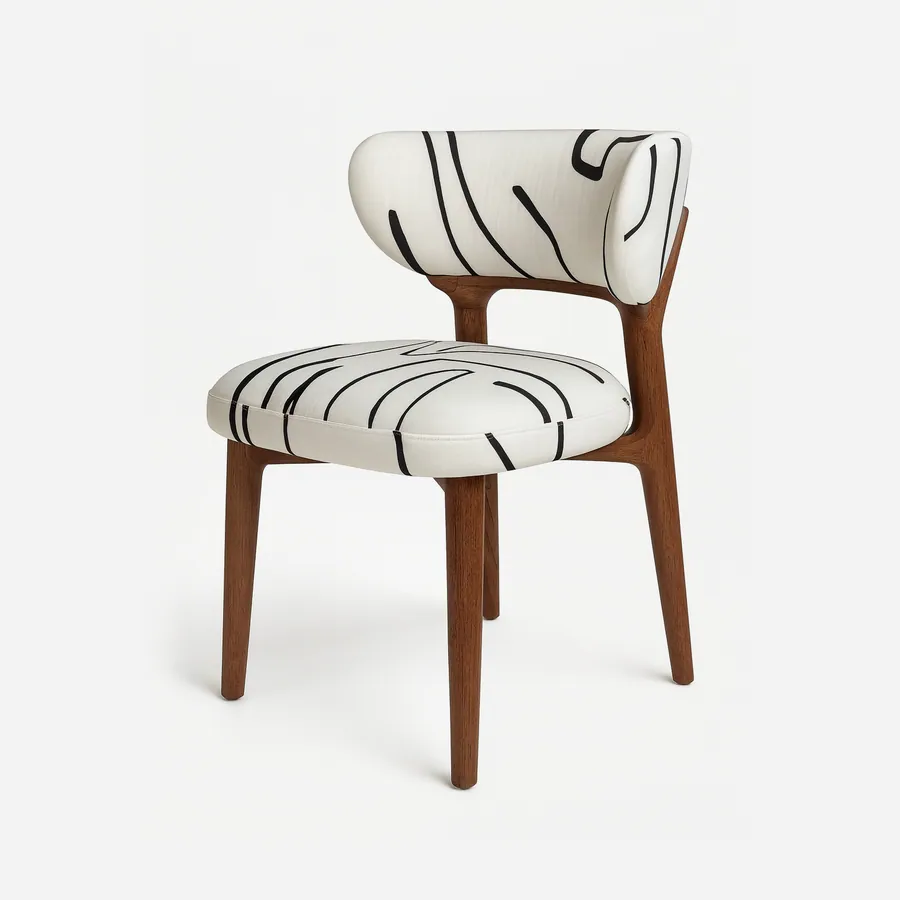 Kyoto Dining Chair dining chair — a stained solid walnut frame supports an upholstered seat and a gently curved backrest, both finished in a bold patte…