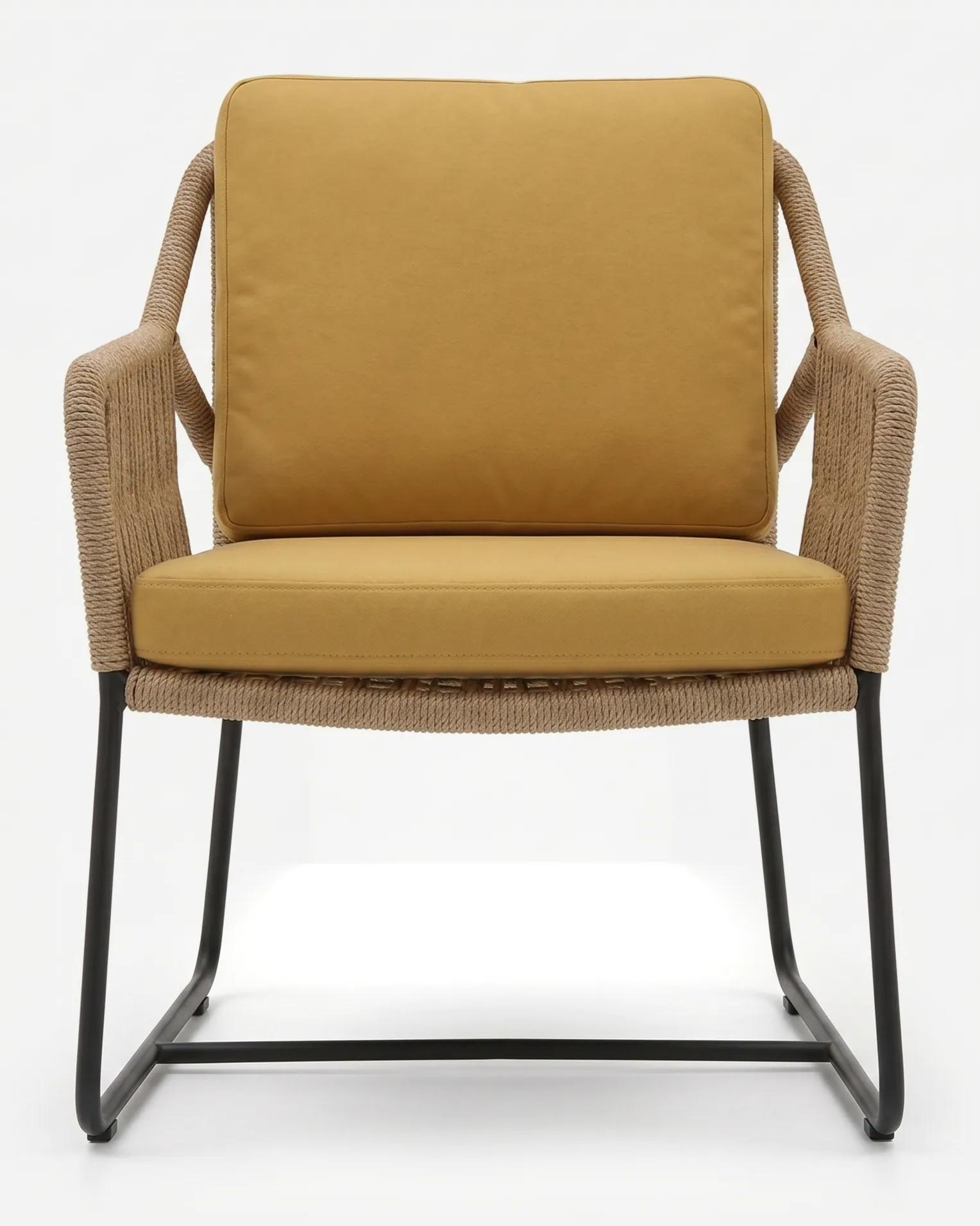 Luka Dining Chair dining chair — sled base in powder coated black supporting a woven rope shell that forms the back and arms, finished with seat and b…