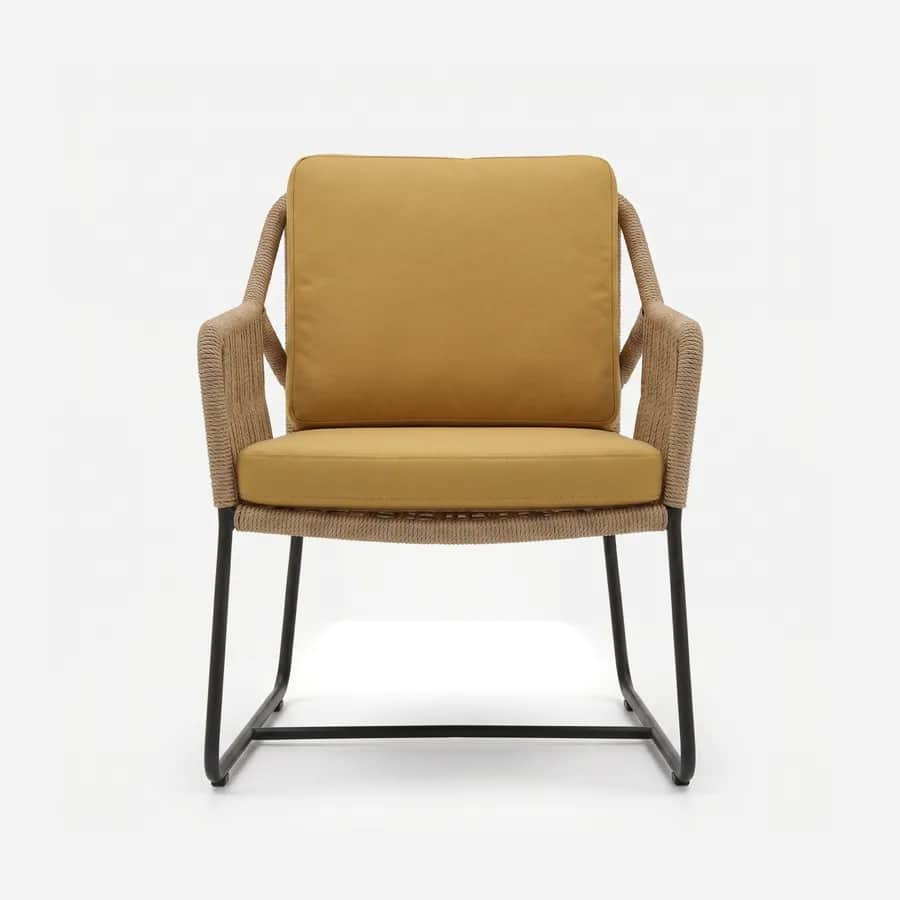 Luka Dining Chair dining chair — sled base in powder coated black supporting a woven rope shell that forms the back and arms, finished with seat and b…