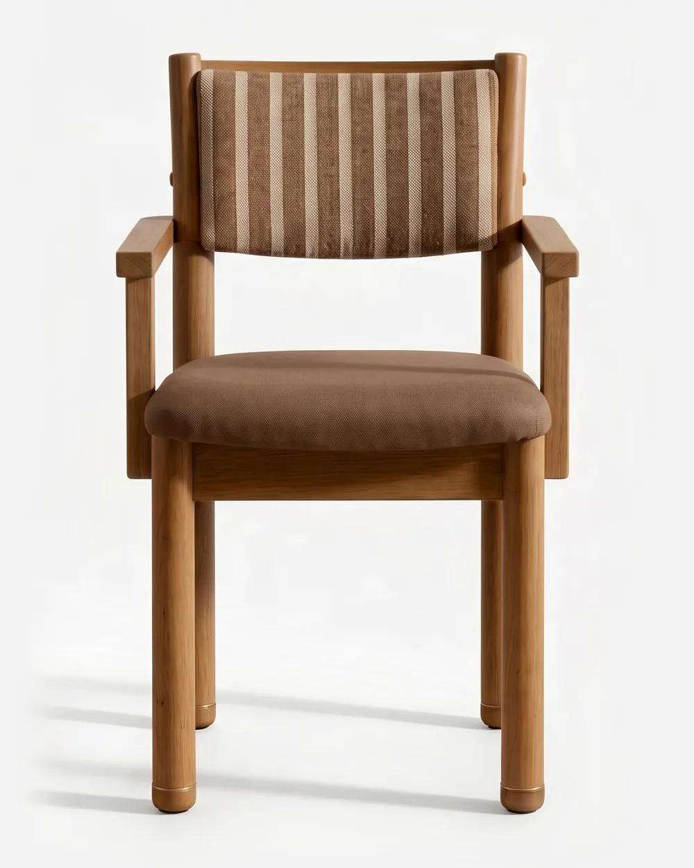 Navio Dining Chair dining chair — iroko wood frame with rounded legs and open arms, a seat in plain fabric and a back panel in striped pattern fabric,…
