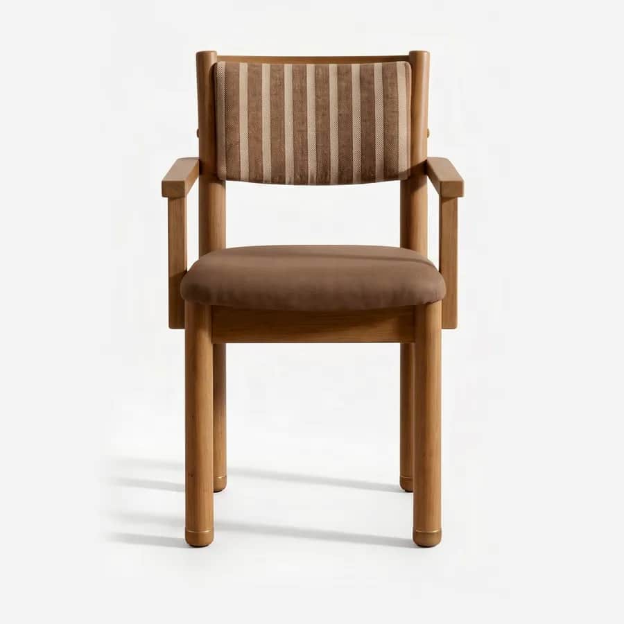 Navio Dining Chair dining chair — iroko wood frame with rounded legs and open arms, a seat in plain fabric and a back panel in striped pattern fabric,…