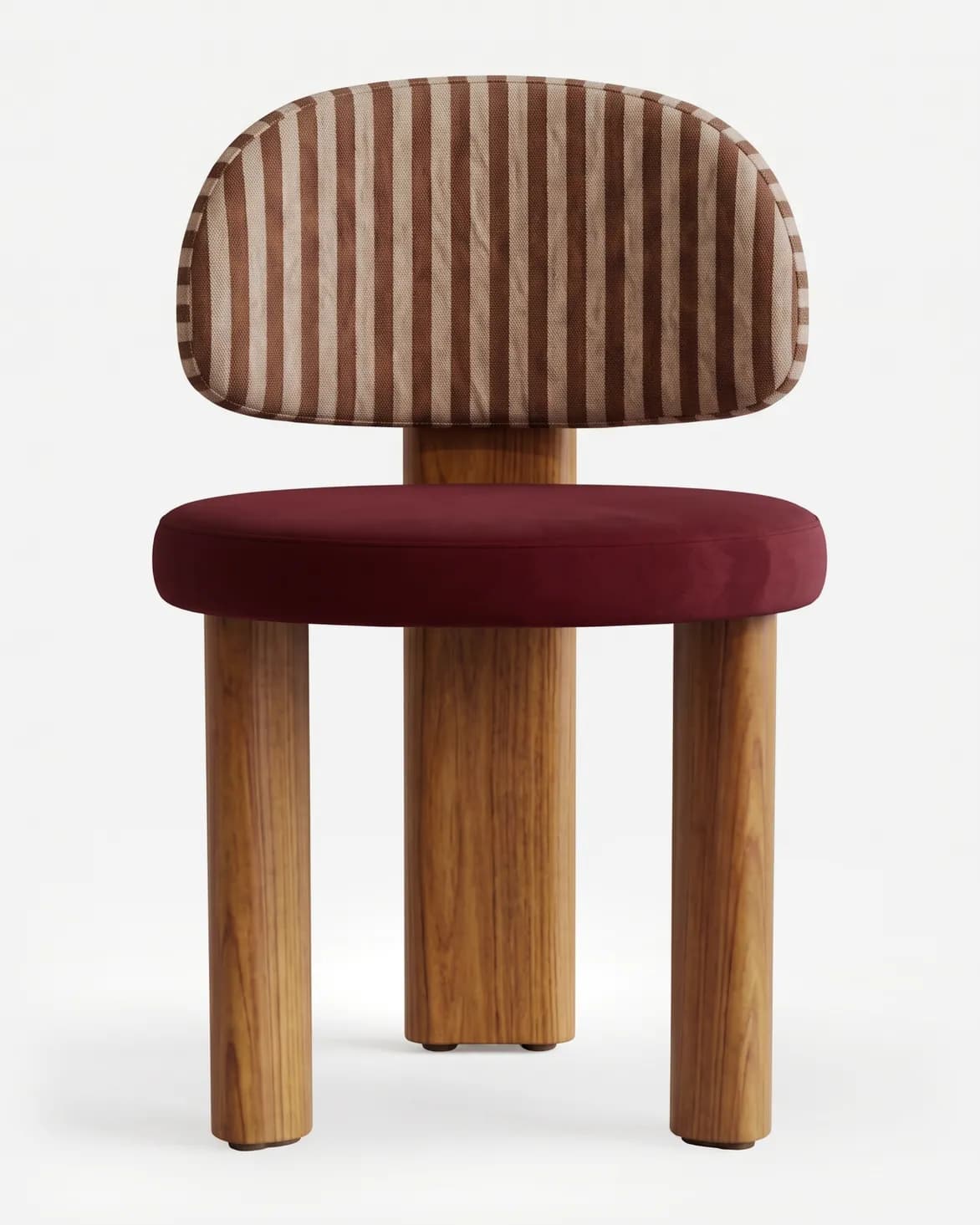 Nico Dining Chair dining chair — iroko wood frame on three thick legs, the rear one rising as a flat spine, with a round seat in velvet and a rounded…