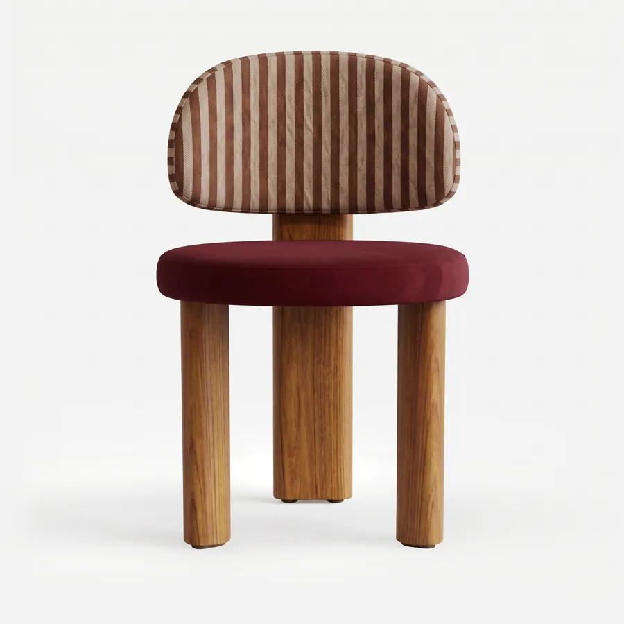 Nico Dining Chair dining chair — iroko wood frame on three thick legs, the rear one rising as a flat spine, with a round seat in velvet and a rounded…