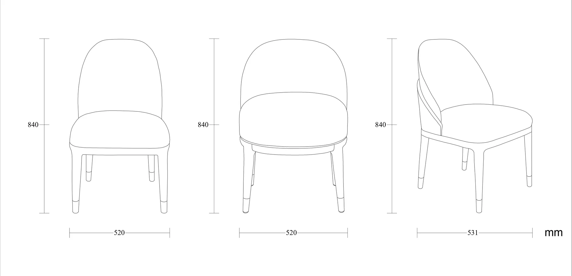 Dimensioned drawing of the Osaka Dining Chair dining chair