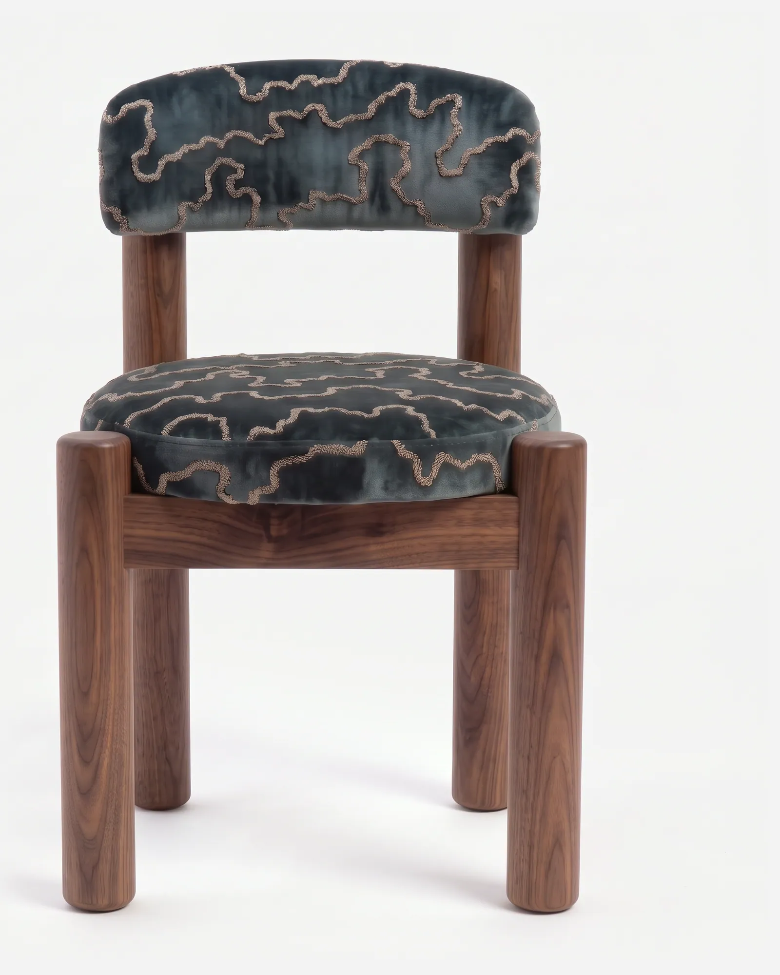 Rowan Dining Chair dining chair — walnut wood frame with round-section legs and side rails, upholstered in pattern velvet, with a round seat and a curv…