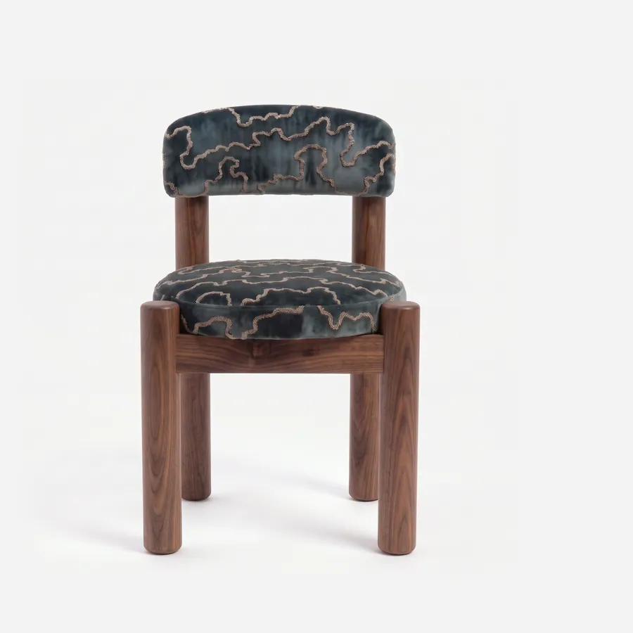 Rowan Dining Chair dining chair — walnut wood frame with round-section legs and side rails, upholstered in pattern velvet, with a round seat and a curv…