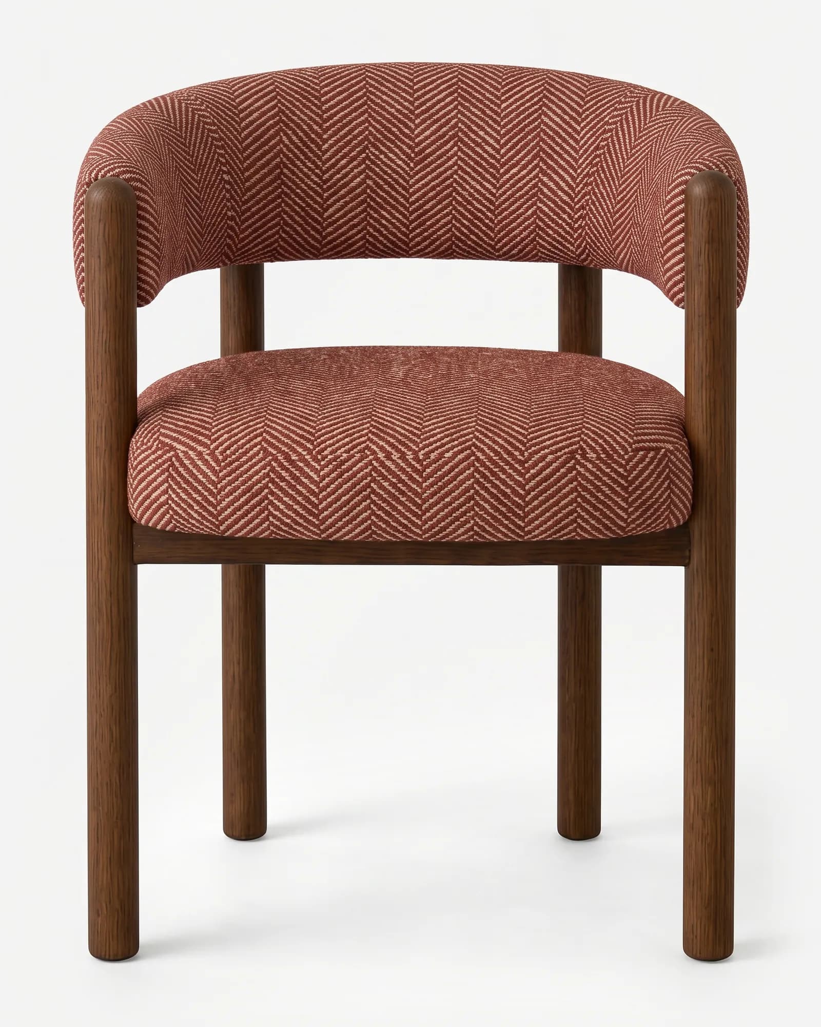 Solin Dining Chair dining chair — red oak open grain frame in a walnut stain, upholstered in a herringbone pattern fabric, with round legs and rails an…