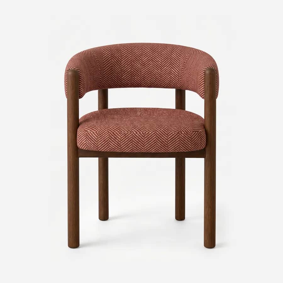 Solin Dining Chair dining chair — red oak open grain frame in a walnut stain, upholstered in a herringbone pattern fabric, with round legs and rails an…