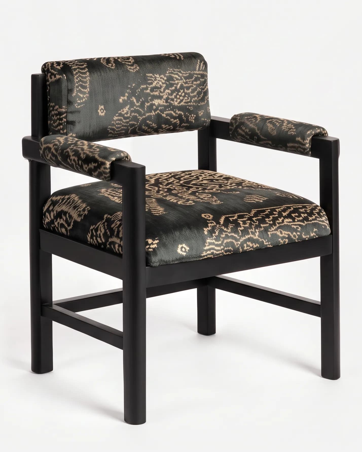 Savel Dining Chair dining chair — beech wood frame in a charcoal stain, upholstered in pattern velvet, with round legs and H-stretchers, an upholstered…