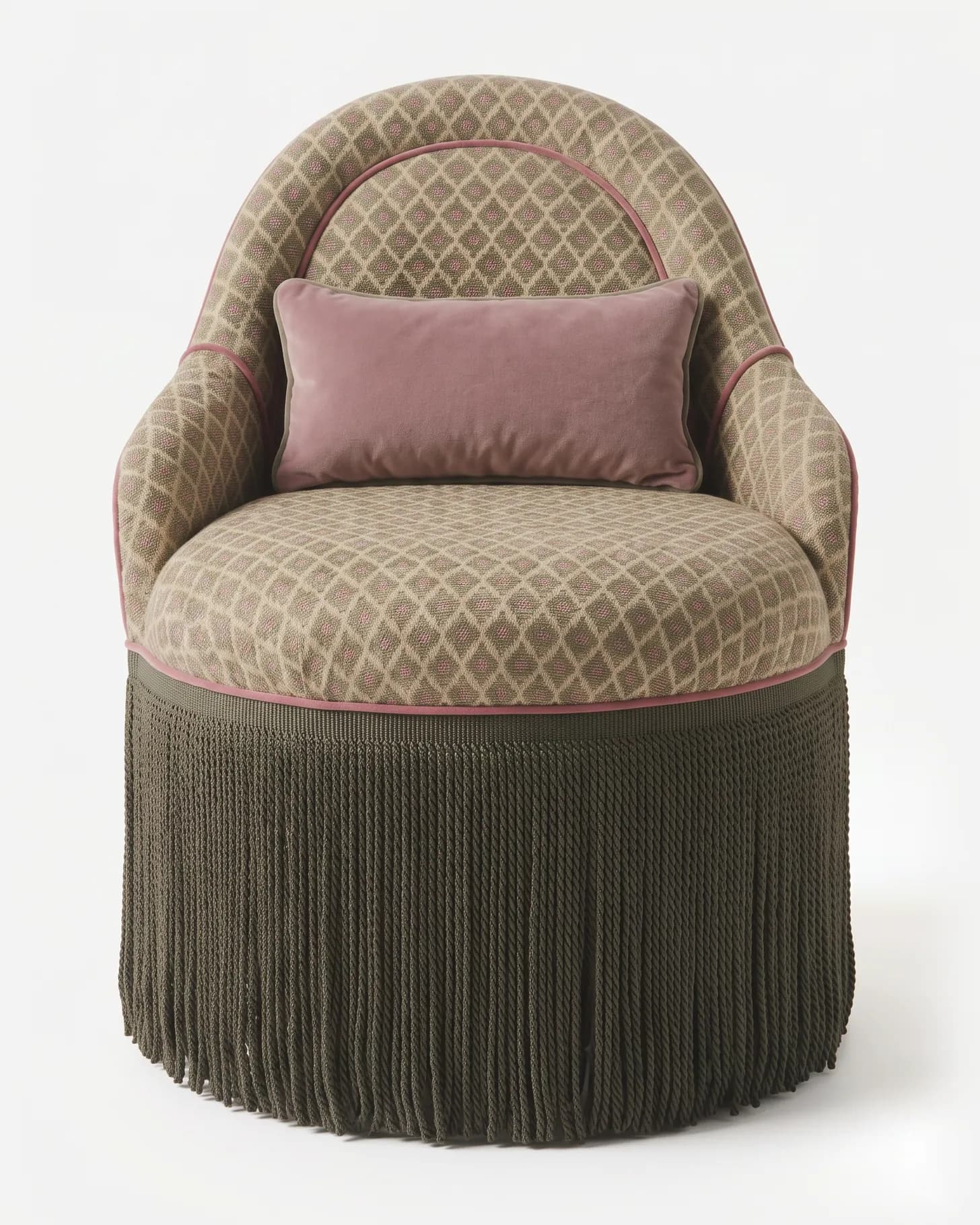 Wiro Dining Chair dining chair — fully upholstered tub form in pattern fabric with contrast piping, a rounded back wrapping into the sides, a loose lu…