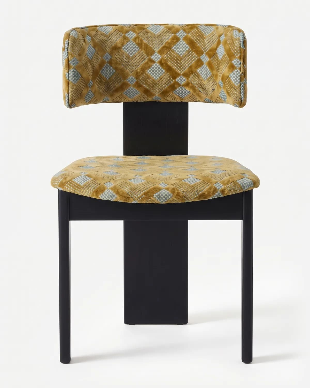 Zeno Dining Chair dining chair — iroko wood frame in a charcoal stain with slim square legs and a wide central spine, upholstered in pattern velvet, w…