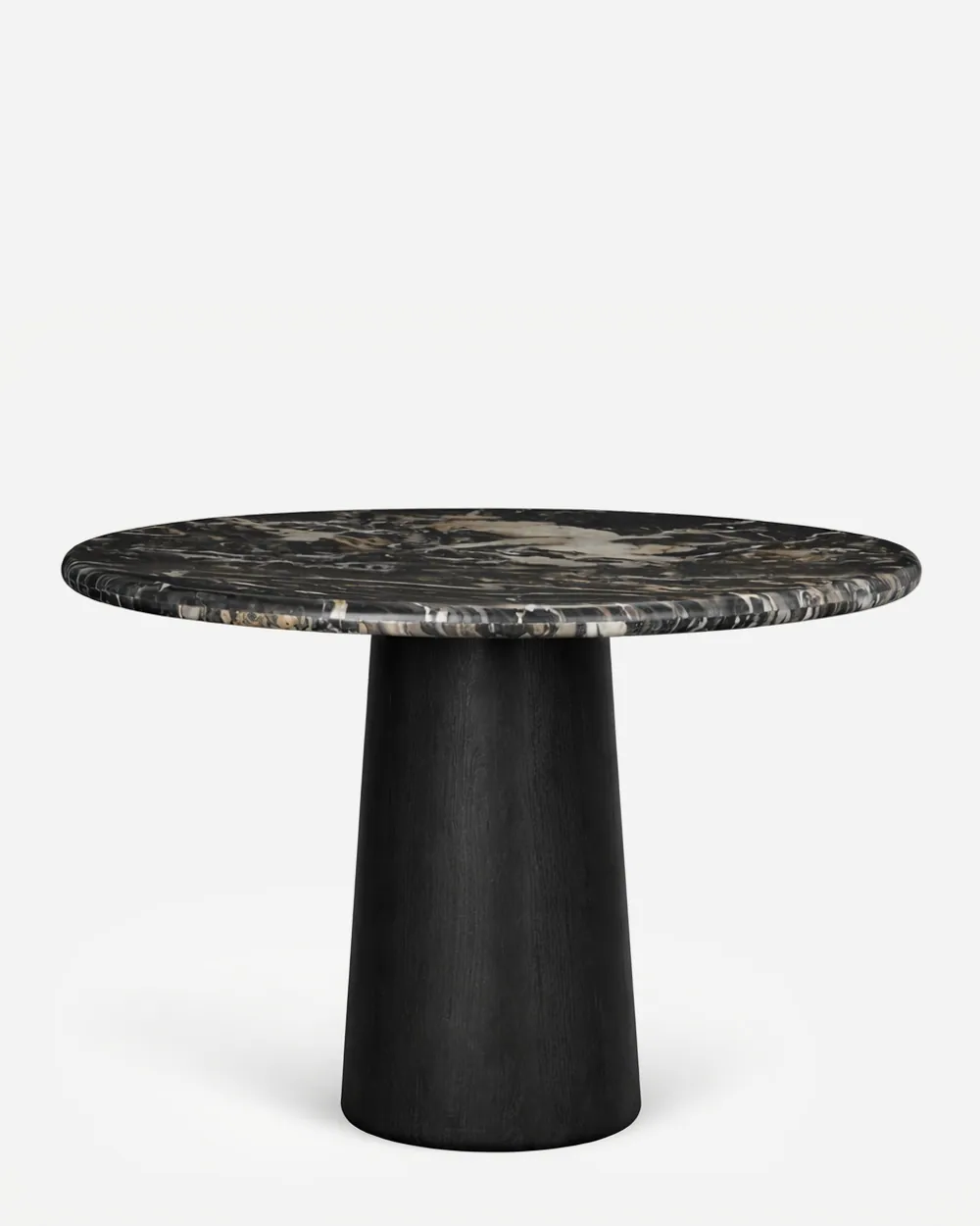 Akio Dining Table dining table — red oak open grain base in a charcoal stain, shaped as a tapered conical column, carrying a round Nero Marquina marbl…