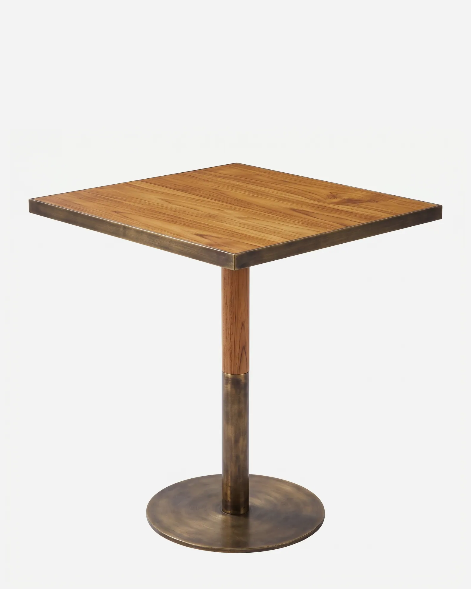 Amalfi Dining Table dining table — teak wood top and upper column, with the top edge, lower column and round base plate in electroplated brass-antique w…