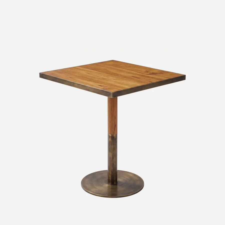 Amalfi Dining Table dining table — teak wood top and upper column, with the top edge, lower column and round base plate in electroplated brass-antique w…
