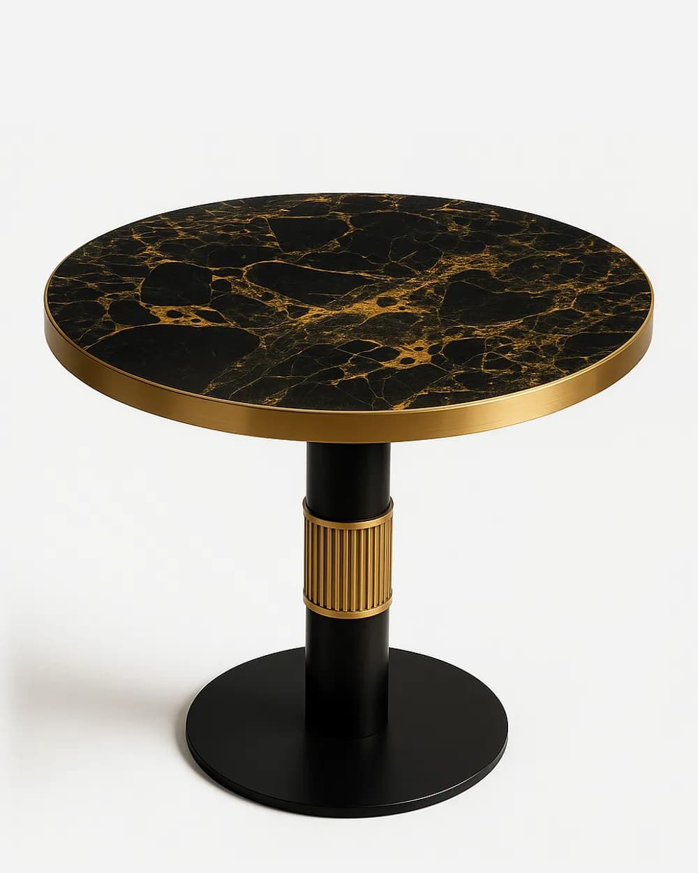 Arvion dining table — the tabletop is crafted in Golden Portoro marble with a straight-cut edge and stainless steel electroplated edging, f…