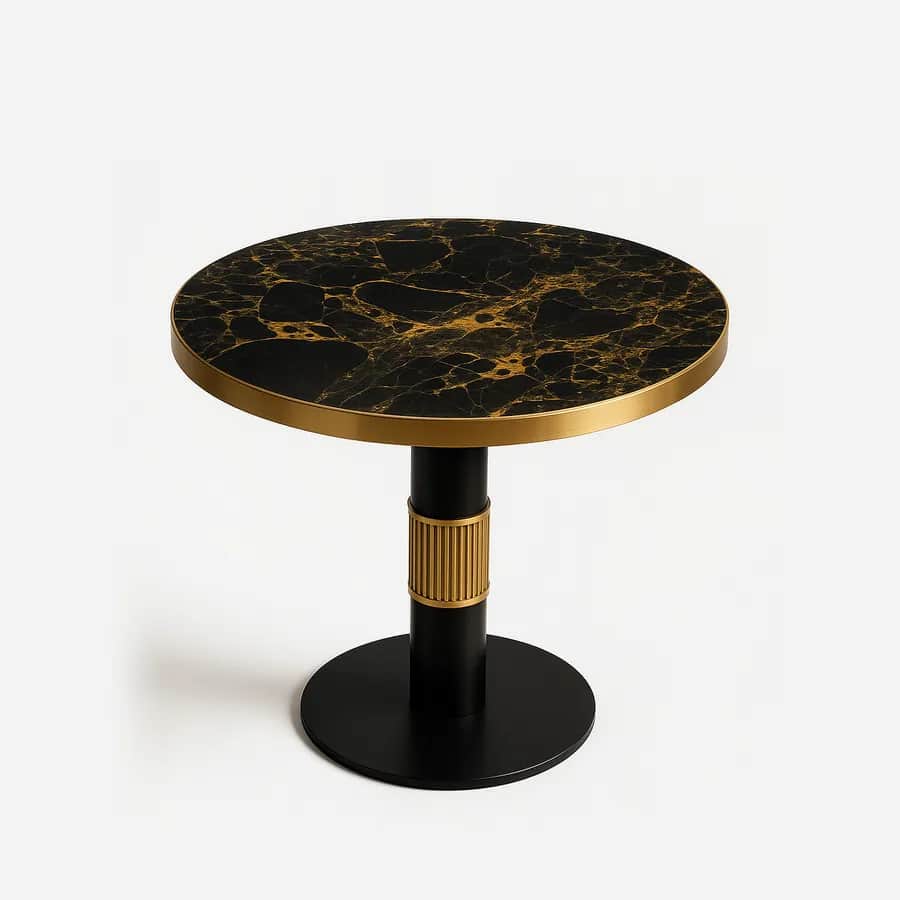 Arvion dining table — the tabletop is crafted in Golden Portoro marble with a straight-cut edge and stainless steel electroplated edging, f…