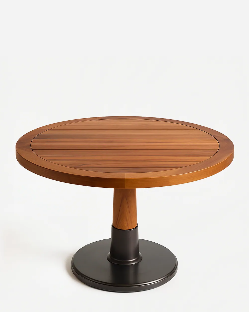 Barek Dining Table dining table — teak wood round top with inset slats inside a framed rim, on a short tapered wood column set into a stepped collar an…