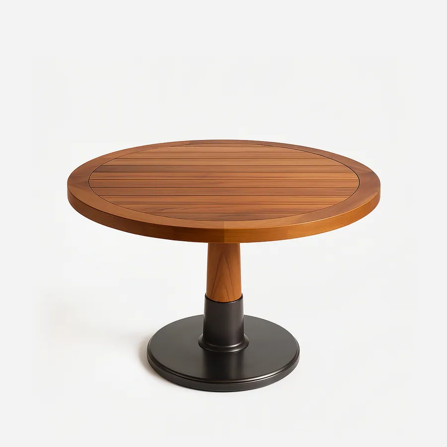 Barek Dining Table dining table — teak wood round top with inset slats inside a framed rim, on a short tapered wood column set into a stepped collar an…