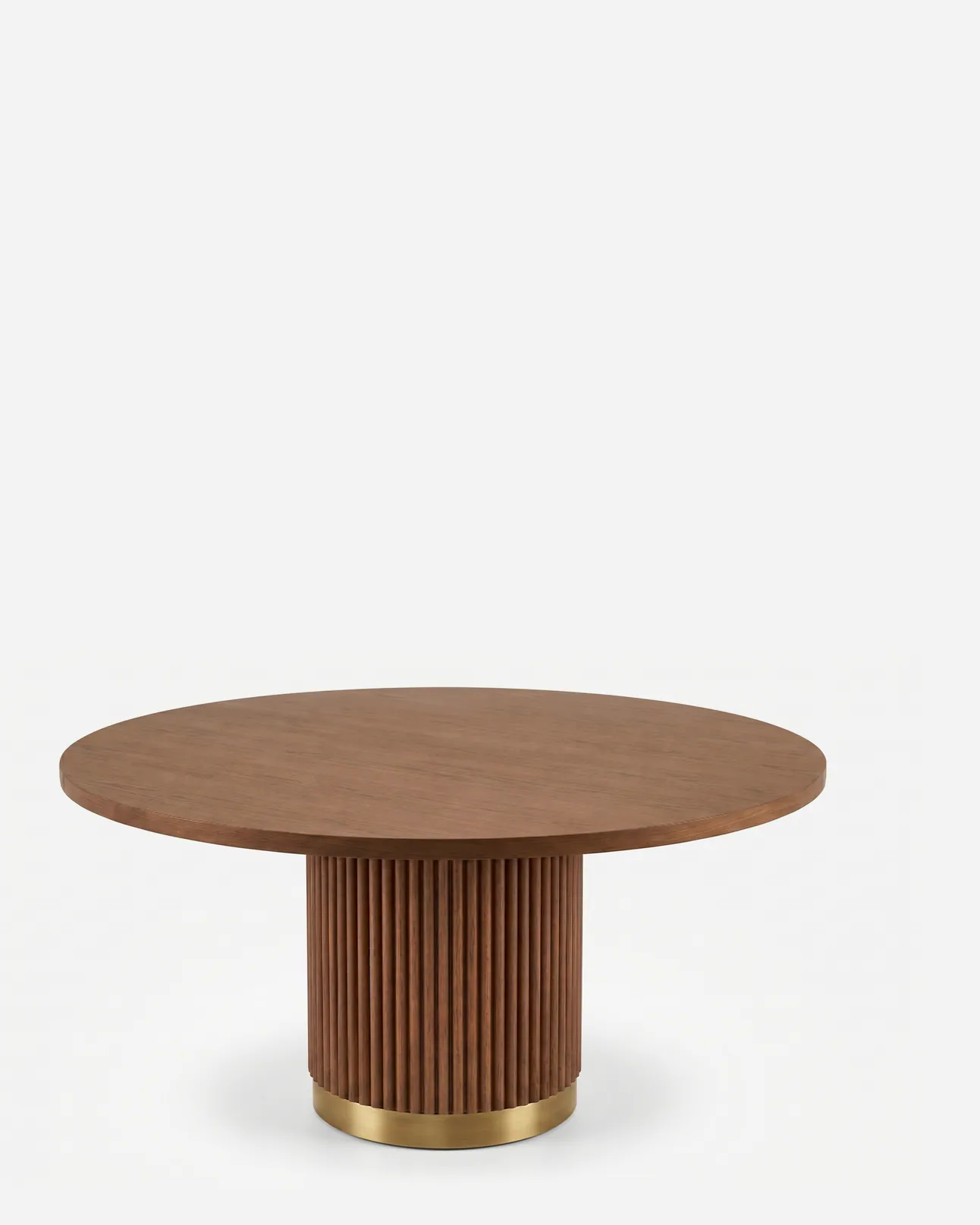 Drift Dining Table dining table — walnut wood frame in a natural finish, with a round top on a fluted column base that sits on a plinth ring in electro…