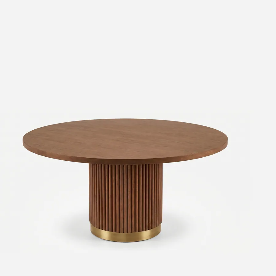 Drift Dining Table dining table — walnut wood frame in a natural finish, with a round top on a fluted column base that sits on a plinth ring in electro…