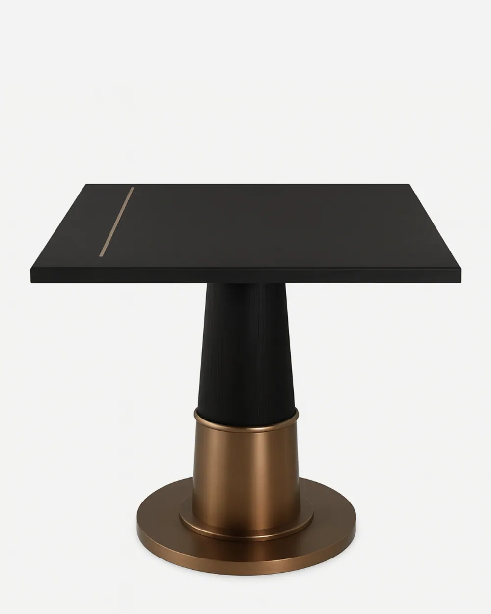 Evora dining table — the tabletop features a black stone–finish HPL inset framed with stainless steel electroplated edging, set on a 40 mm…