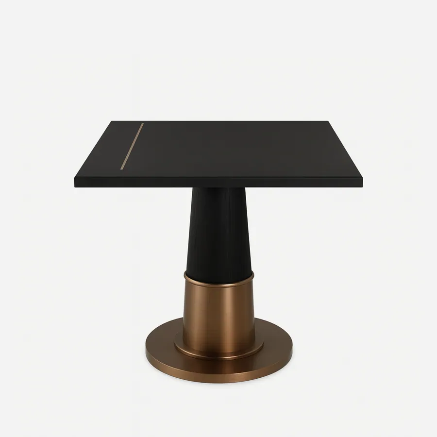 Evora dining table — the tabletop features a black stone–finish HPL inset framed with stainless steel electroplated edging, set on a 40 mm…