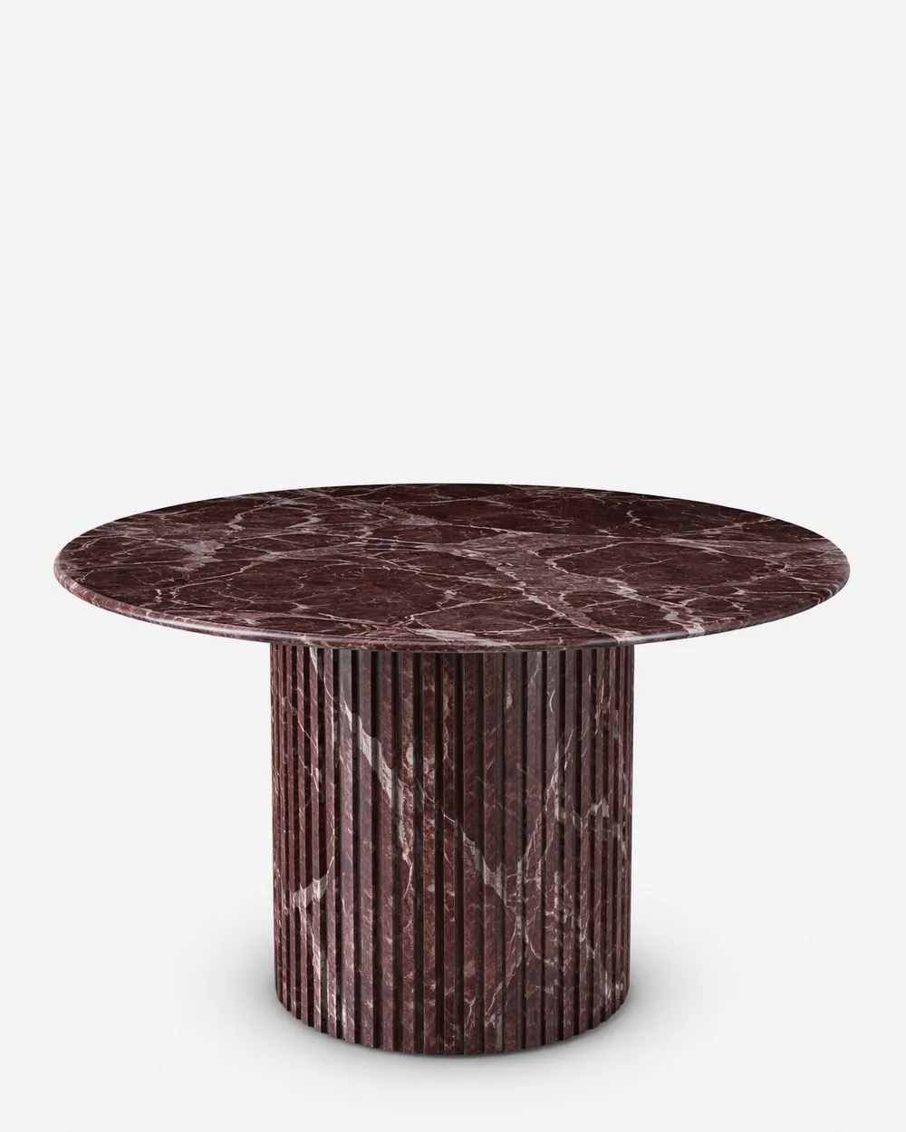 Isamu Dining Table dining table — rosso Levanto marble throughout, with a round top set on a fluted column base in the same stone, giving the table a s…
