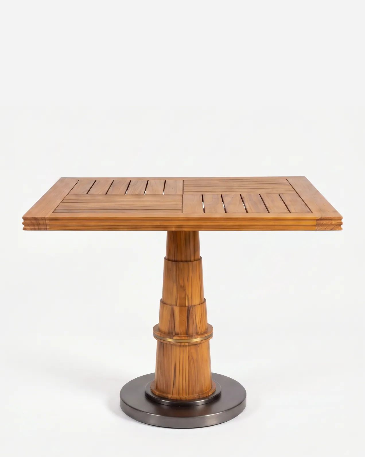 Kian Dining Table dining table — teak wood top laid in four slatted quadrants with a stepped moulded edge, on a turned column with a brass-aged band o…