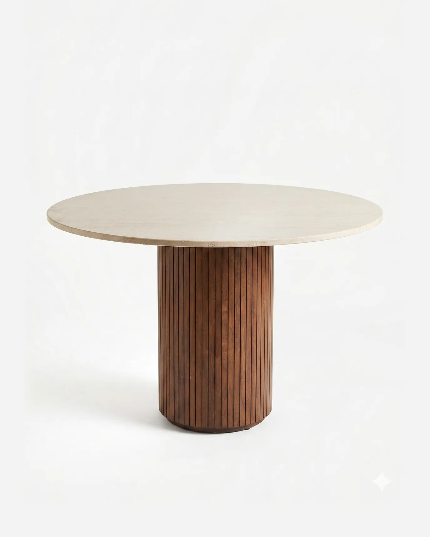 Kovo Dining Table dining table — walnut wood fluted column base in a natural finish, carrying a round top in beige travertine with a straight edge